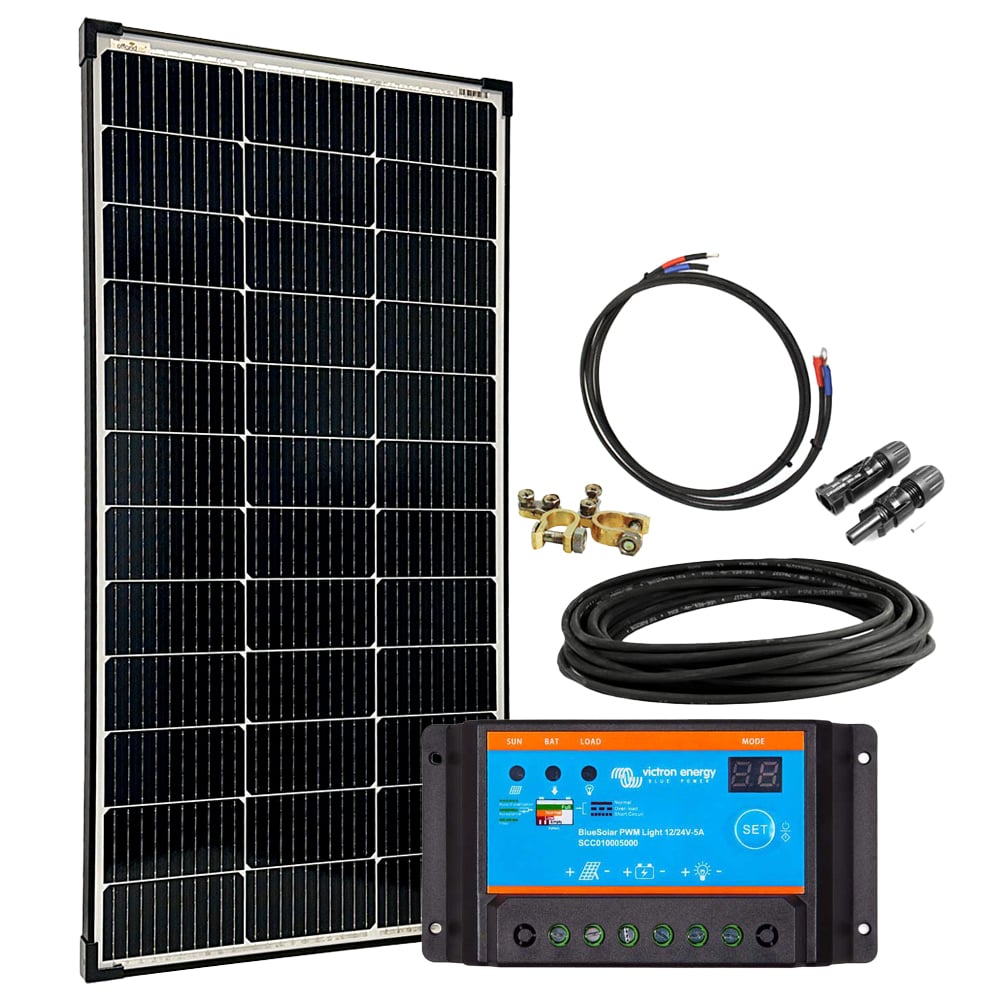 Solaranlage mit allen Komponenten, Solarmodul, Solarladeregler und Verkabelung