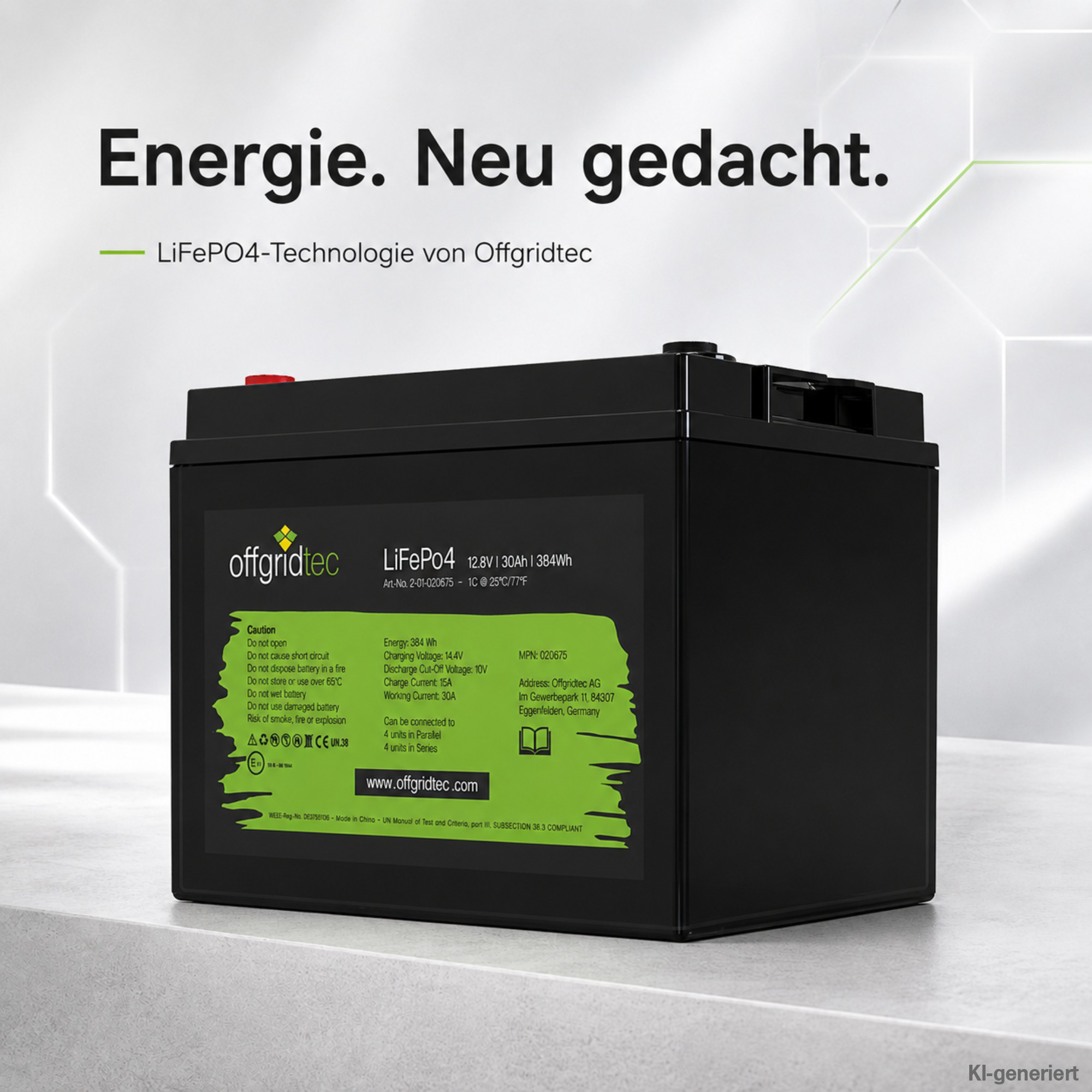 schwarze Offgridtec LiFePO4 Batterie 12V 30Ah auf grauem Untergrund
