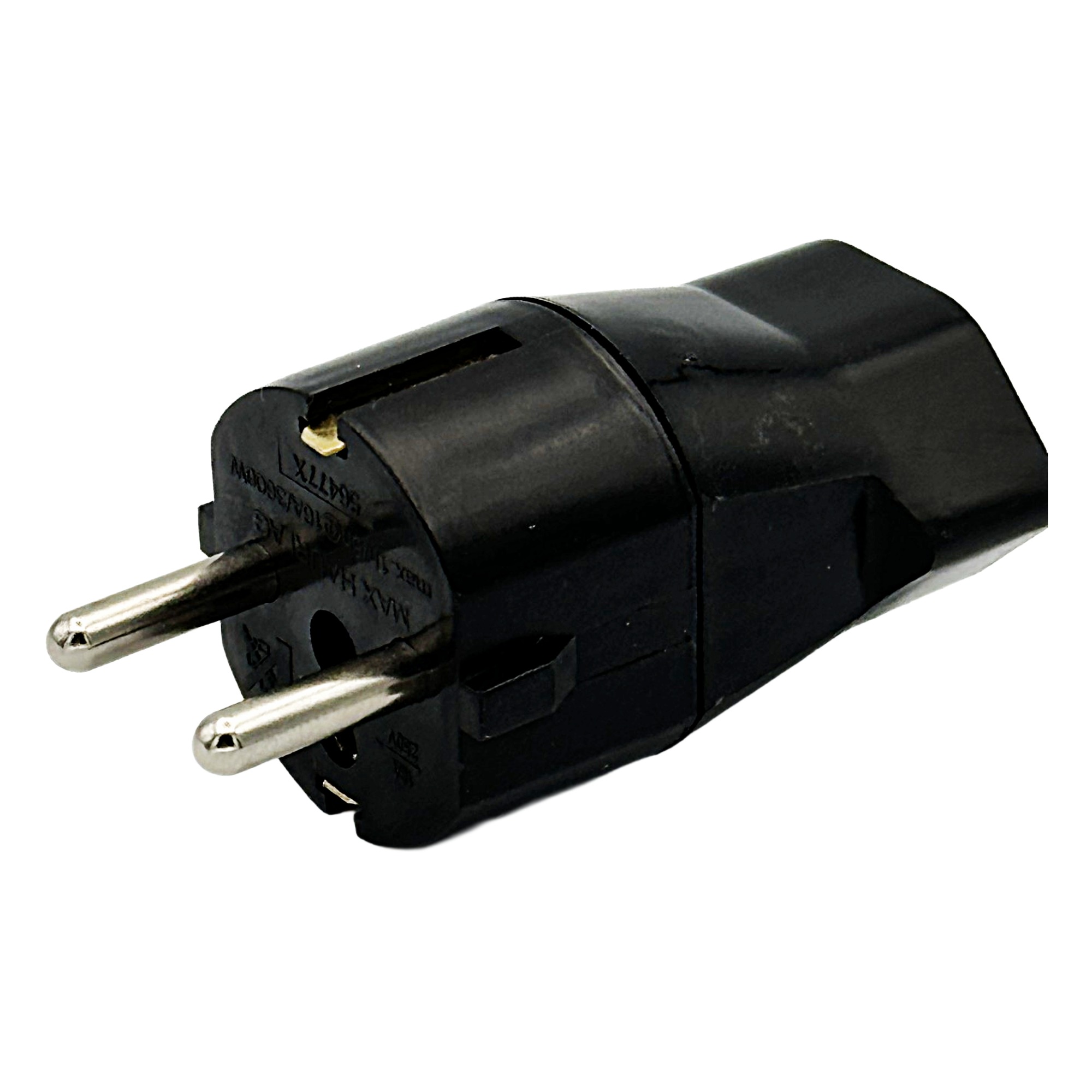 Schwarzer Adapter Schuko auf Typ 21 Schrägansicht vorne rechts