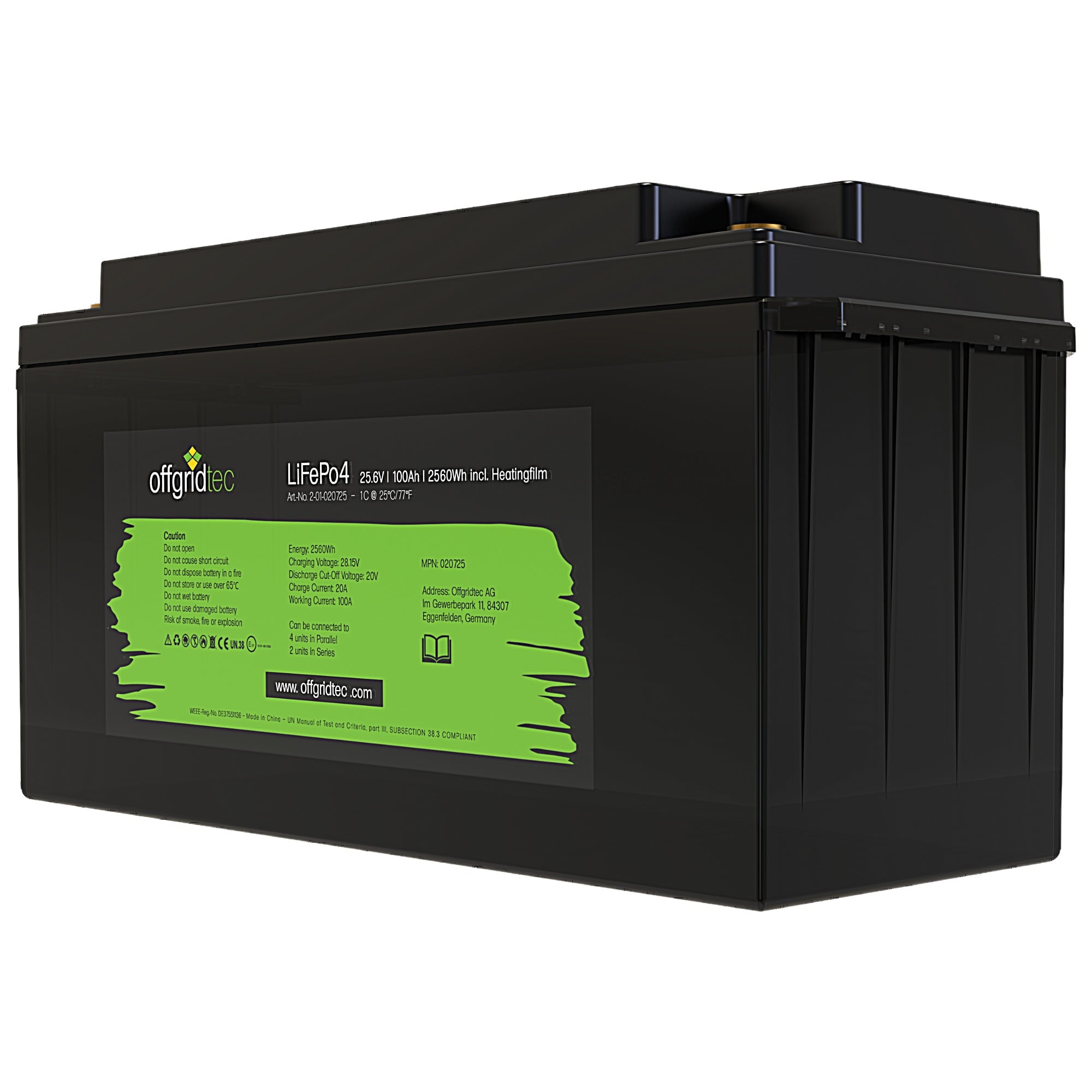 schwarze Offgridtec LiFePO4 Batterie mit Heizmatte 24V 100Ah schräge Frontansicht rechts