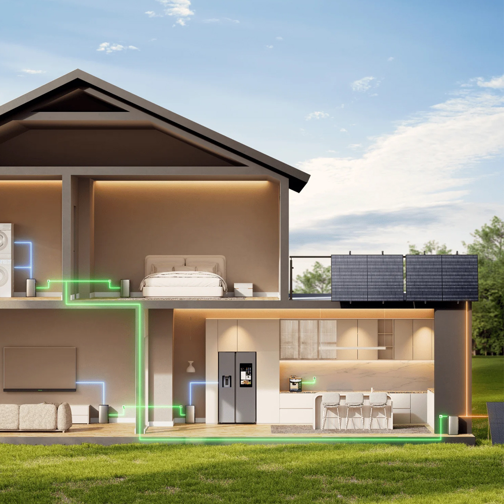 Querschnitt eines Hauses mit Balkon-Solaranlage, Stromfluss zu Haushaltsgeräten in Küche, Wohnzimmer und Schlafzimmer