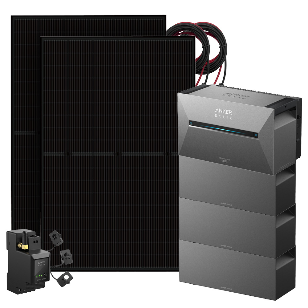 Setansicht: 2x Solarmodule, 1x Solix 3 Solarbank, 3x BP2700 Erweiterungsbatterie, 1x Stromzähler, 2x Kabel-Set