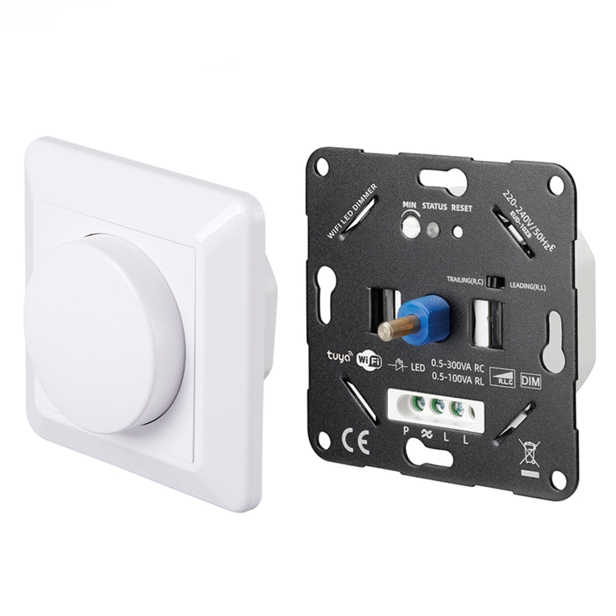 Schräge Frontansicht Drehdimmer mit Blende + Innenansicht Anschlüsse