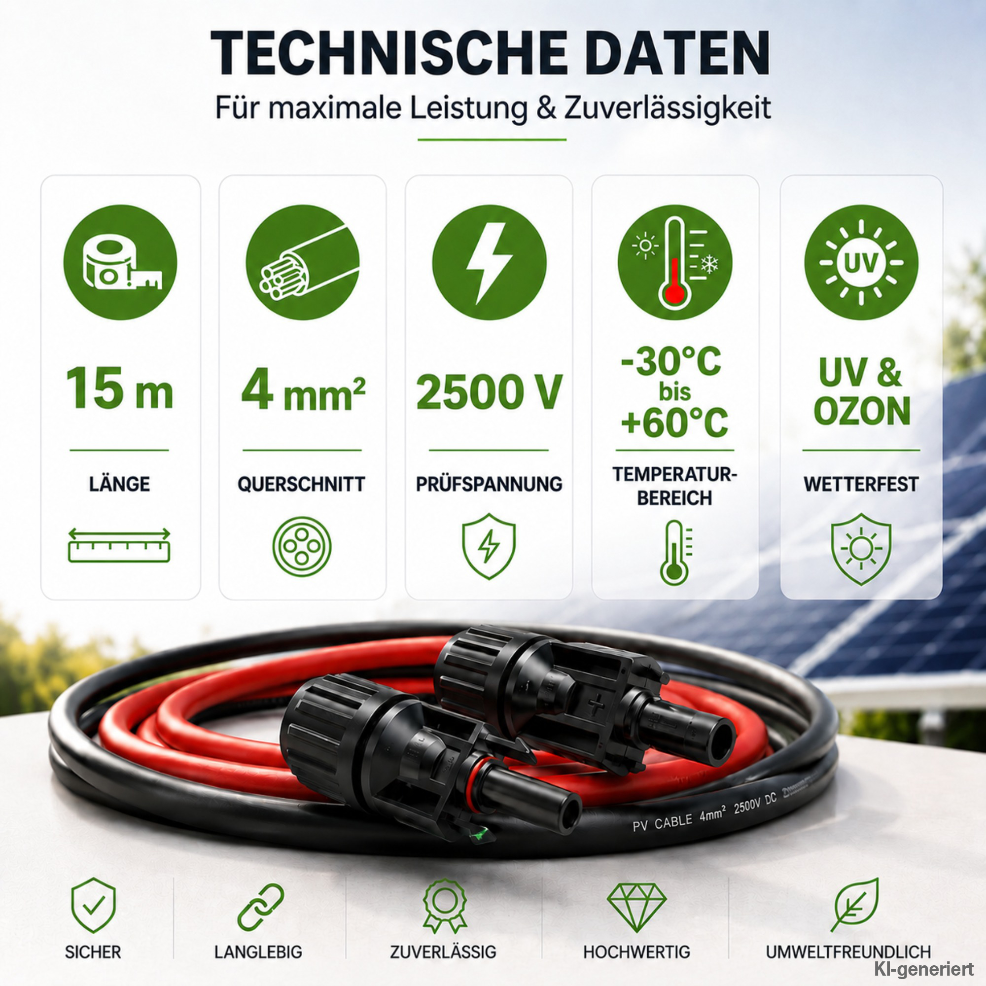 Technische Daten zu 15m Solarkabel mit Solarmodul im Hintergrund