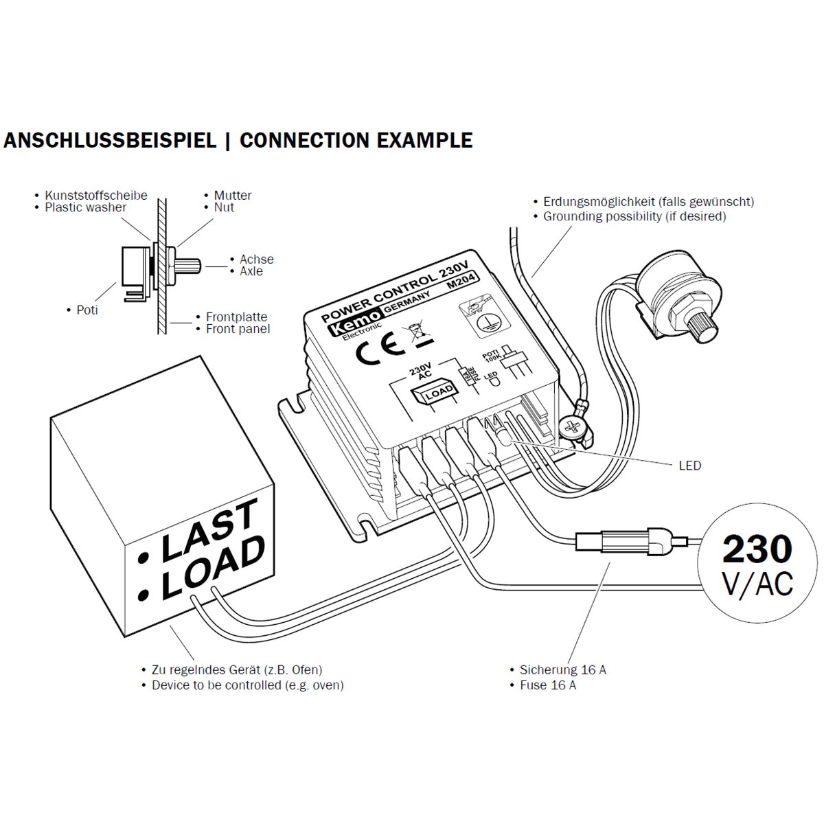 Technische Zeichnung eines Anschlussbeispiels des Kemo M204 Leistungsreglers