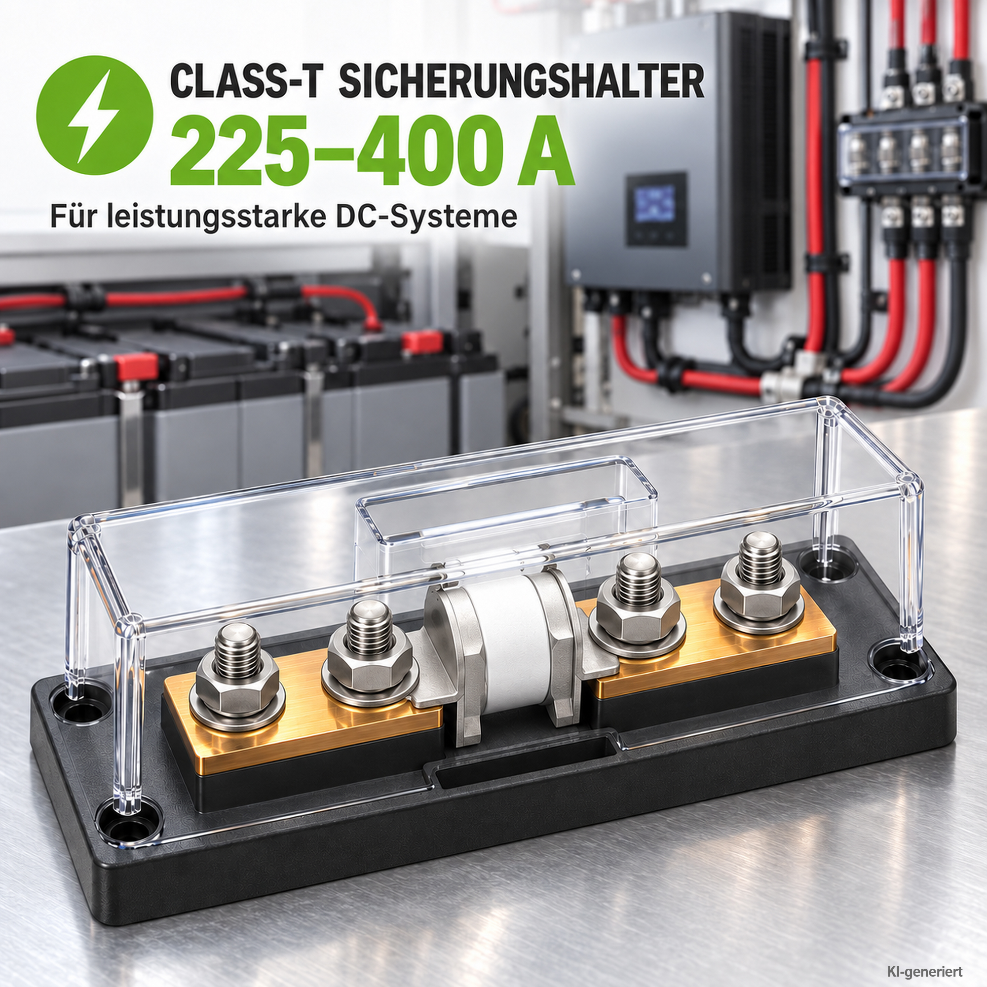 Class-T Sicherungshalter bis 400A auf grauem Untergrund in Werkstattumgebung