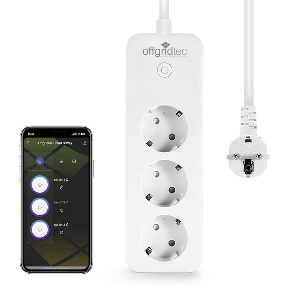 Schrägansicht: Weiße smarte 3-fach Steckdosenleiste von Offgritec Kabel, Schuko-Stecker und Ein-/Aus-Schalter; daneben Handy