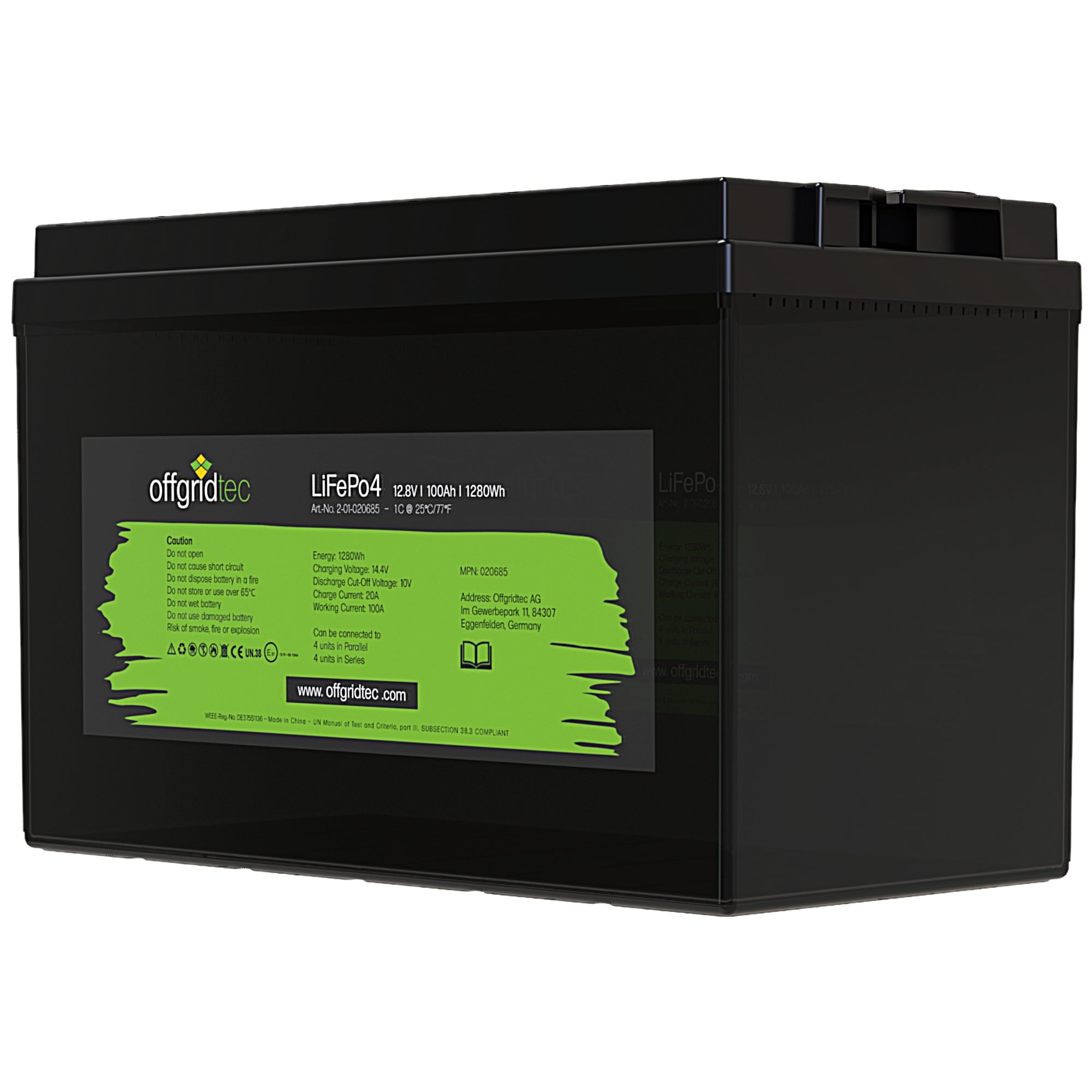 schwarze Offgridtec LiFePO4 Batterie 12V 100Ah schräge Frontansicht rechts