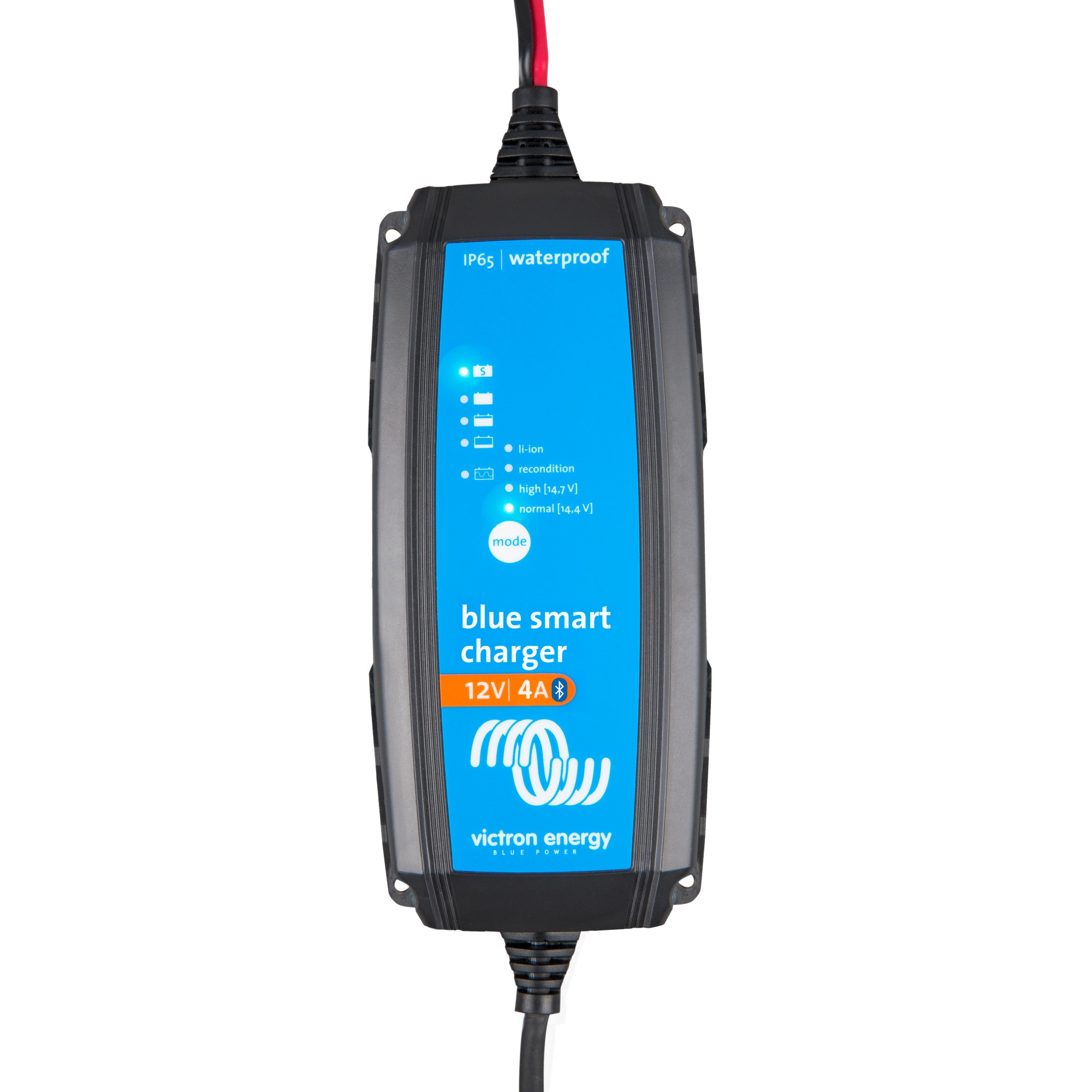 Victron Blue Smart IP65 Batterieladegerät 12/4 Frontalansicht Vorderseite Kabel oben und unten