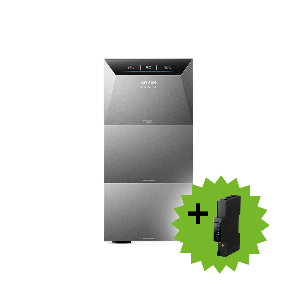 Anker Solix 4 Solarbank E5000 Pro mit zwei Erweiterungsakkus BP5000 und einem Smart Meter Gen 2 dreiphasig als Produktabbildung vor weißem Hintergrund