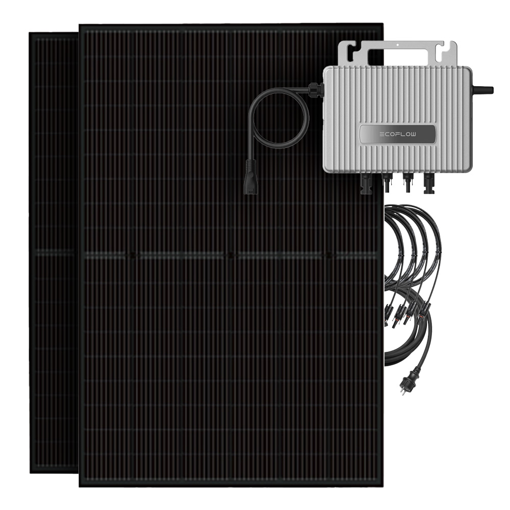 Setansicht: 2 Full-Black Luxen Solarmodule, ein grauer Ecoflow Stream Mikrowechselrichter, 4 PV-Kabel und einem AC-Kabel