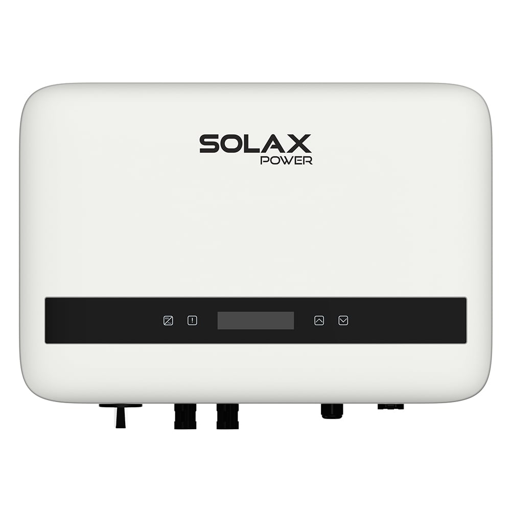 Frontansicht: weiß/schwarzer Solax X1-BOOST-6K-G4 PV-Wechselrichter mit Display