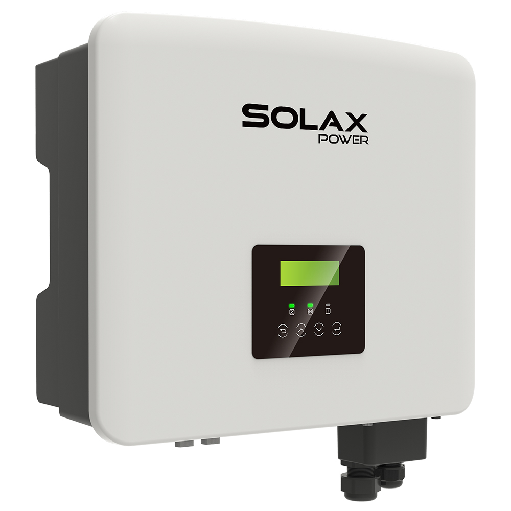 Schrägansicht von links: Solax X1 Hybrid-3.0-D G4 Hybrid-Wechselrichter mit Display, Bedienfeld und Anschlüssen und Logo