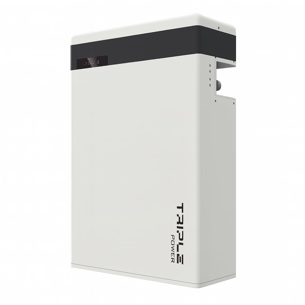 Weiße SolaX T-BAT SYS HV 5.8 Speicherbatterie mit schwarzem Streifen mit LED-Anzeige und Triple Power Logo Weiße SolaX T-BAT SYS HV 5.8 Speicherbatterie mit schwarzem Streifen mit LED-Anzeige und Triple Power Logo