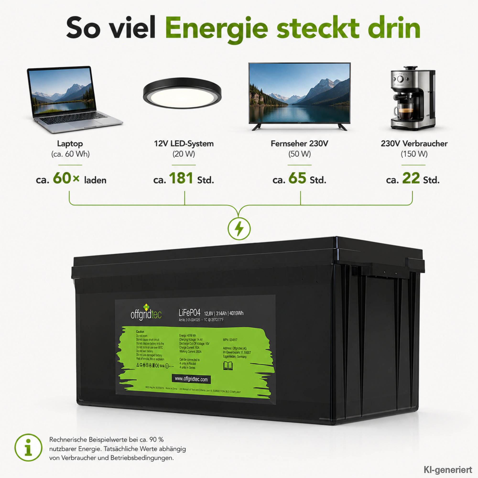 schwarze Offgridtec LiFePO4 Batterie 12V 314Ah Energieberechnung