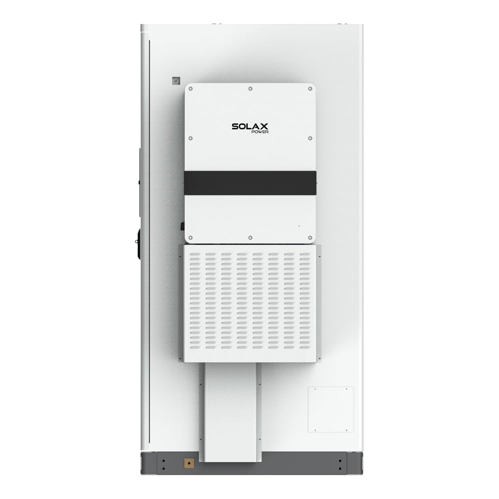 Seitenansicht rechts: AELIO-B100 Energy Storage mit großem Lüftungsgitter unten und SolaX-Modulgehäuse im oberen Bereich