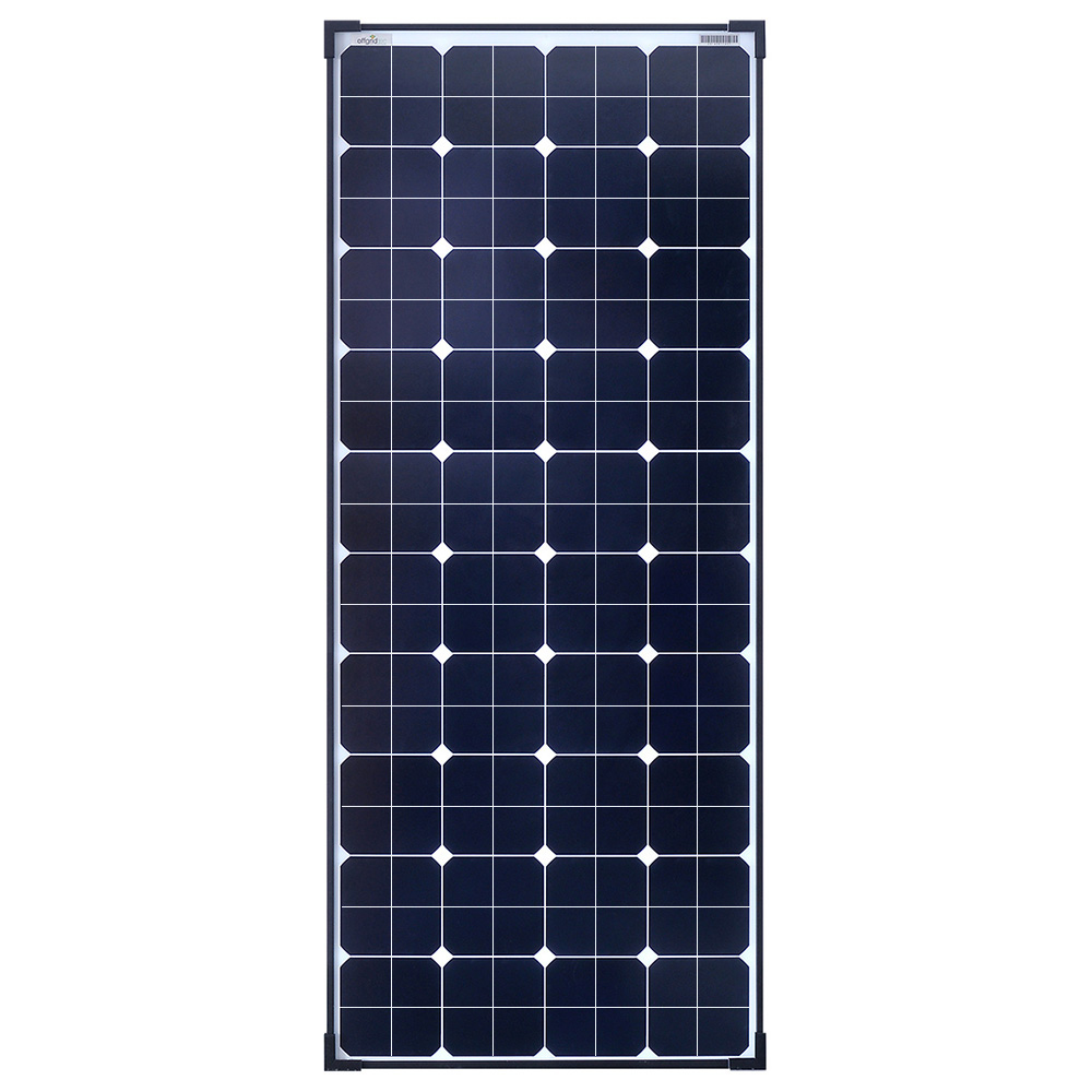 Solarmodul mit blauen Zellen und schwarzen Rahmen in Frontansicht