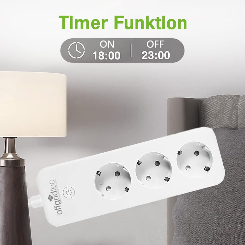 Infografik: Timer Funktion der Offgridtec 3-fach Steckdosenleiste, Lampe im Hintergrund