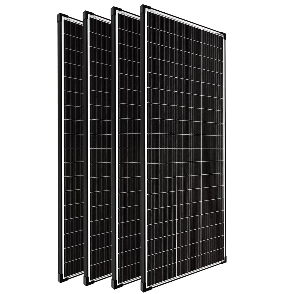 Stapelansicht: 4 monokristalline 200W Solarmodule mit schwarzem Rahmen