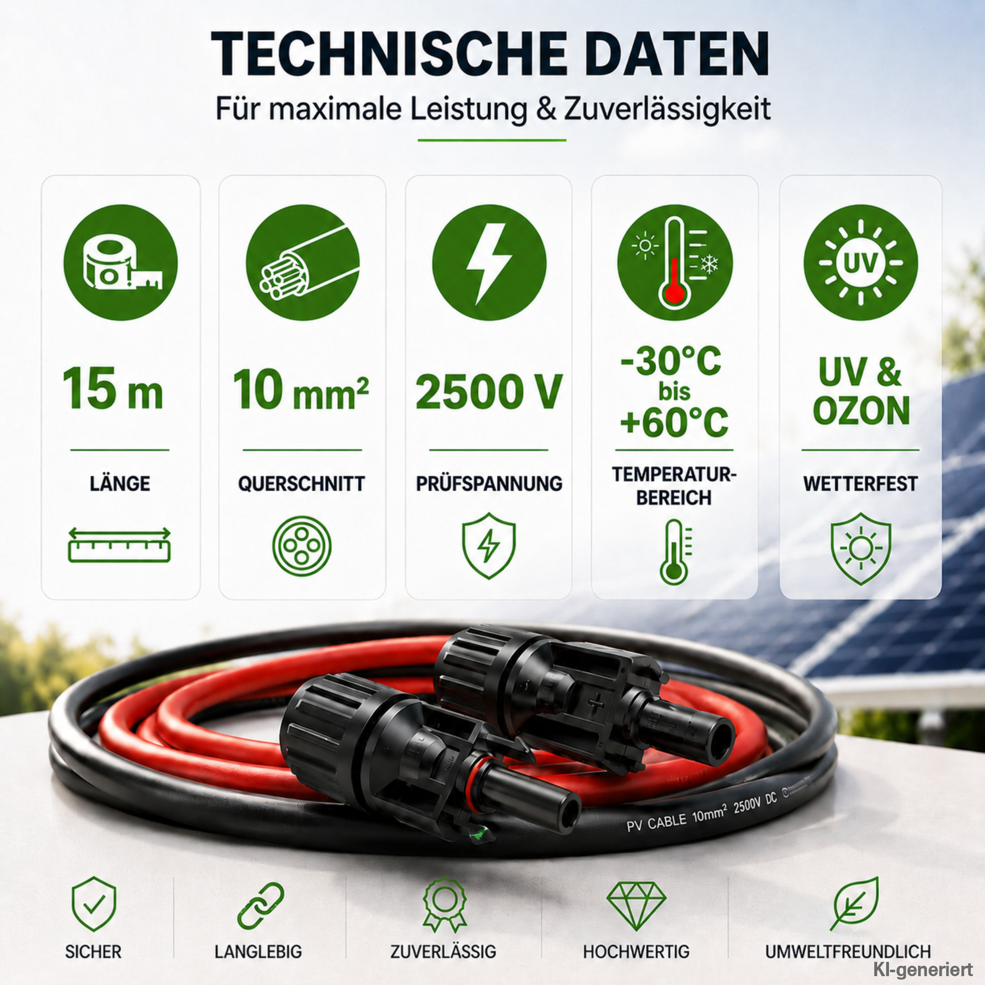 Technische Daten zu 15m 10mm Solarkabel mit Solarmodul im Hintergrund