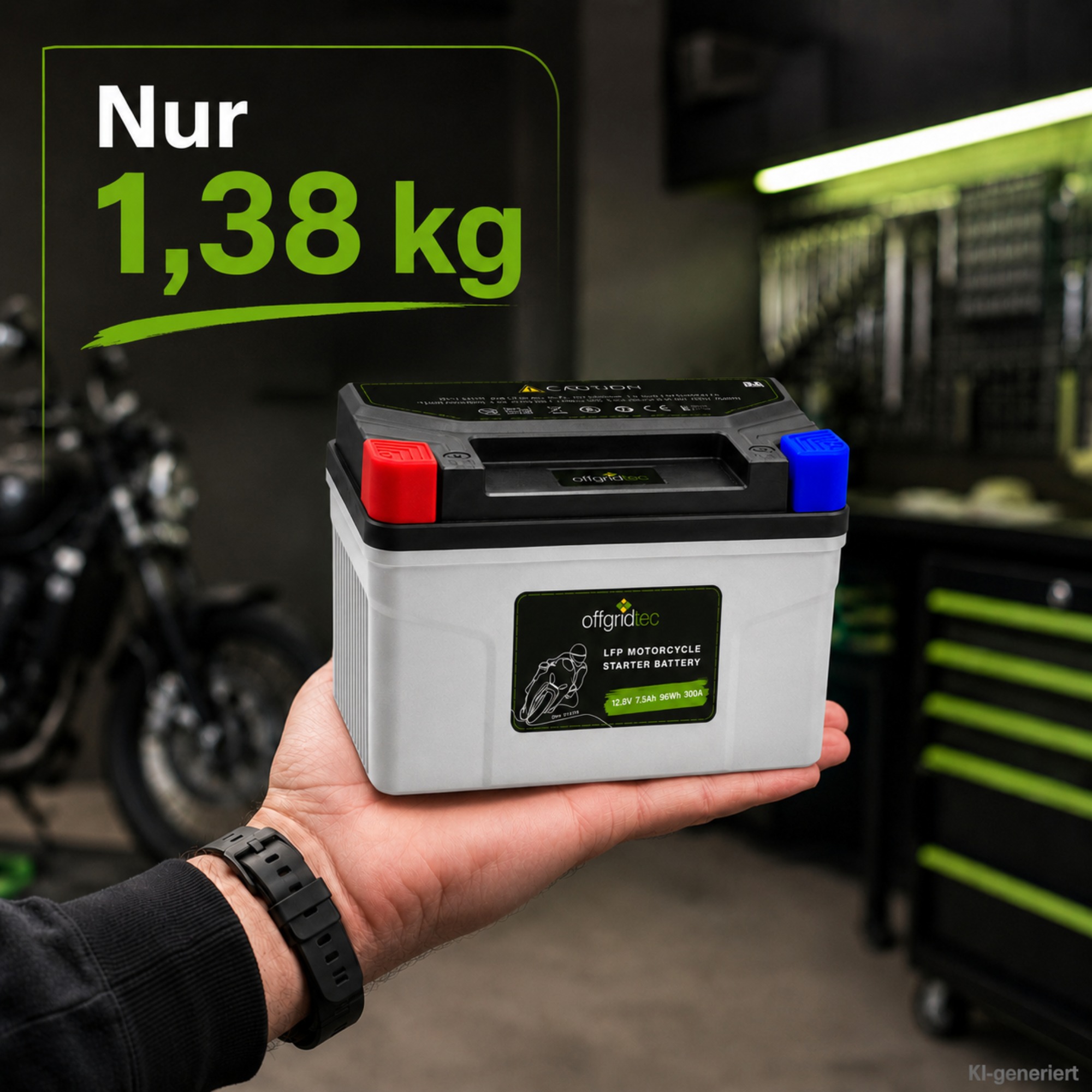 graue Motorradbatterie auf Hand in Werkstatt - nur 1,38 kg