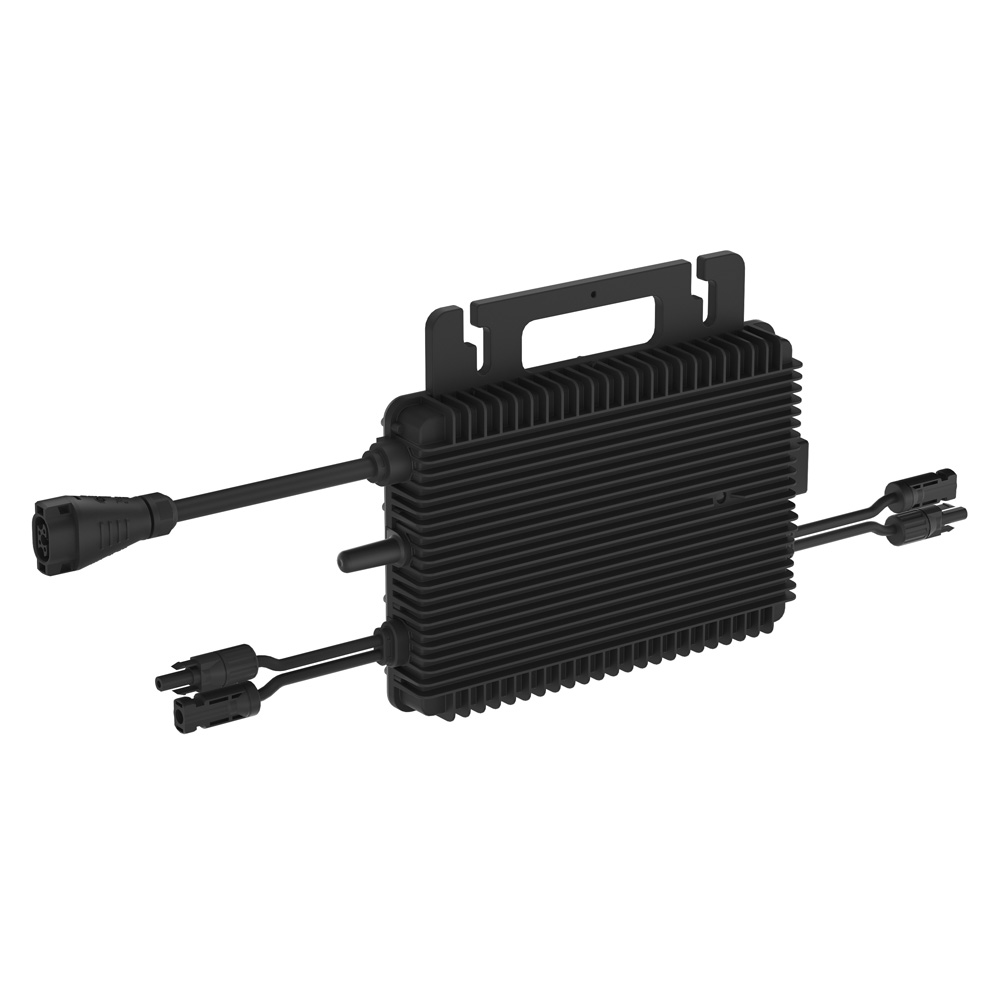 Rückansicht von links oben: Hoymiles HMS-800-2WB HiFlow Pro Inverter mit Anschlüssen und Montagelöchern in schwarz