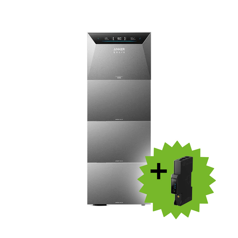 Anker Solix 4 Solarbank E5000 Pro mit drei Erweiterungsakkus BP5000 und einem Smart Meter Gen 2 dreiphasig als Produktabbildung vor weißem Hintergrund