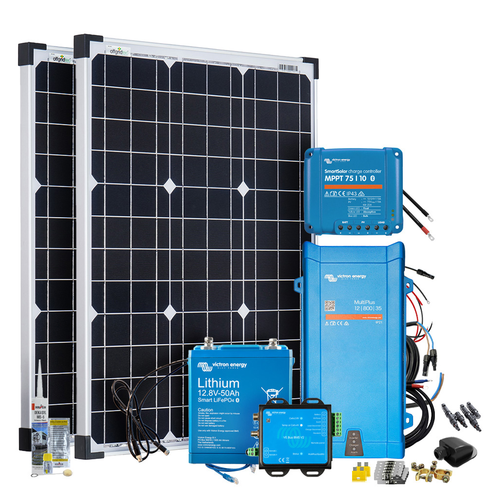 Setansicht: 2 Solarmodule, Victron Batterie mit passendem BMS, MultiPlus, SmartSolar, Orion XS und umfangreichem Zubehör