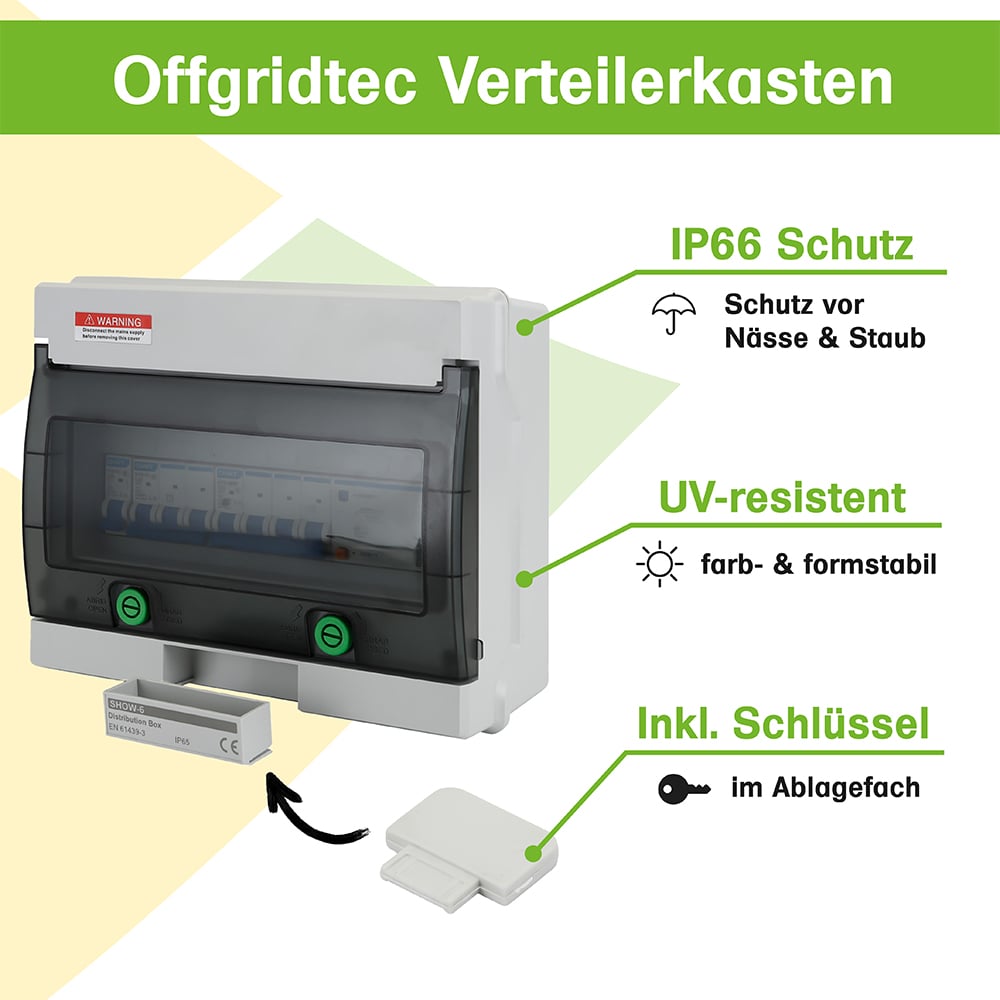 Infografik: Verteilerkasten 12 Eingänge: IP66 Schutz, UV-Resistenz, Inklusive Schlüssel in herausnehmbarem Schubfach