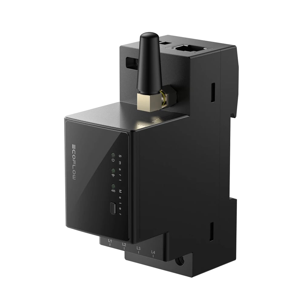 Schrägansicht: schwarzes EcoFlow 3-phasiges Smart Meter mit Antenne, LEDs und Anschlüssen