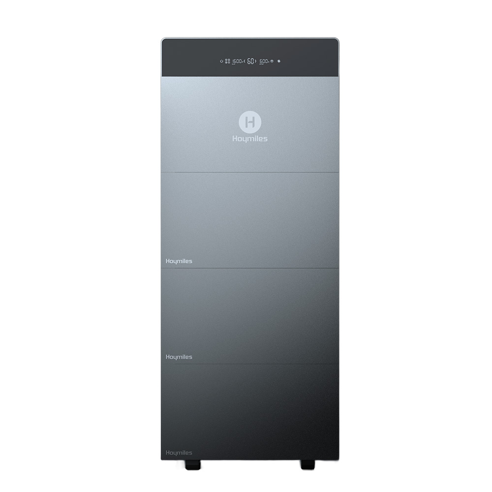 Hoymiles HiBattery HB-4020-X Energiespeicher mit drei Erweiterungsakkus vertikal angeordnet in abgestuften Grautönen und Logo auf der Vorderseite