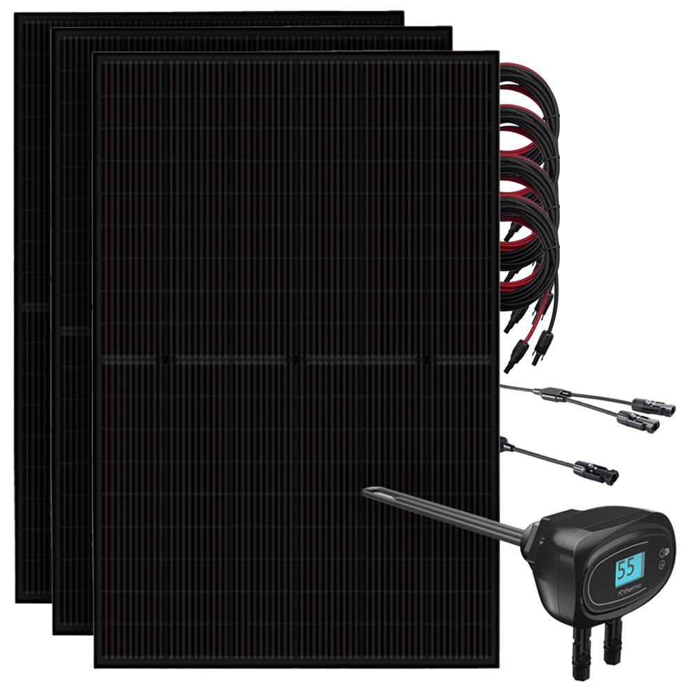 Setansicht: Drei Full-Black Solarmodule, Heizstab, vier MC4-Kabel und zwei Y-Abzweigbuchsen mit Verlängerung
