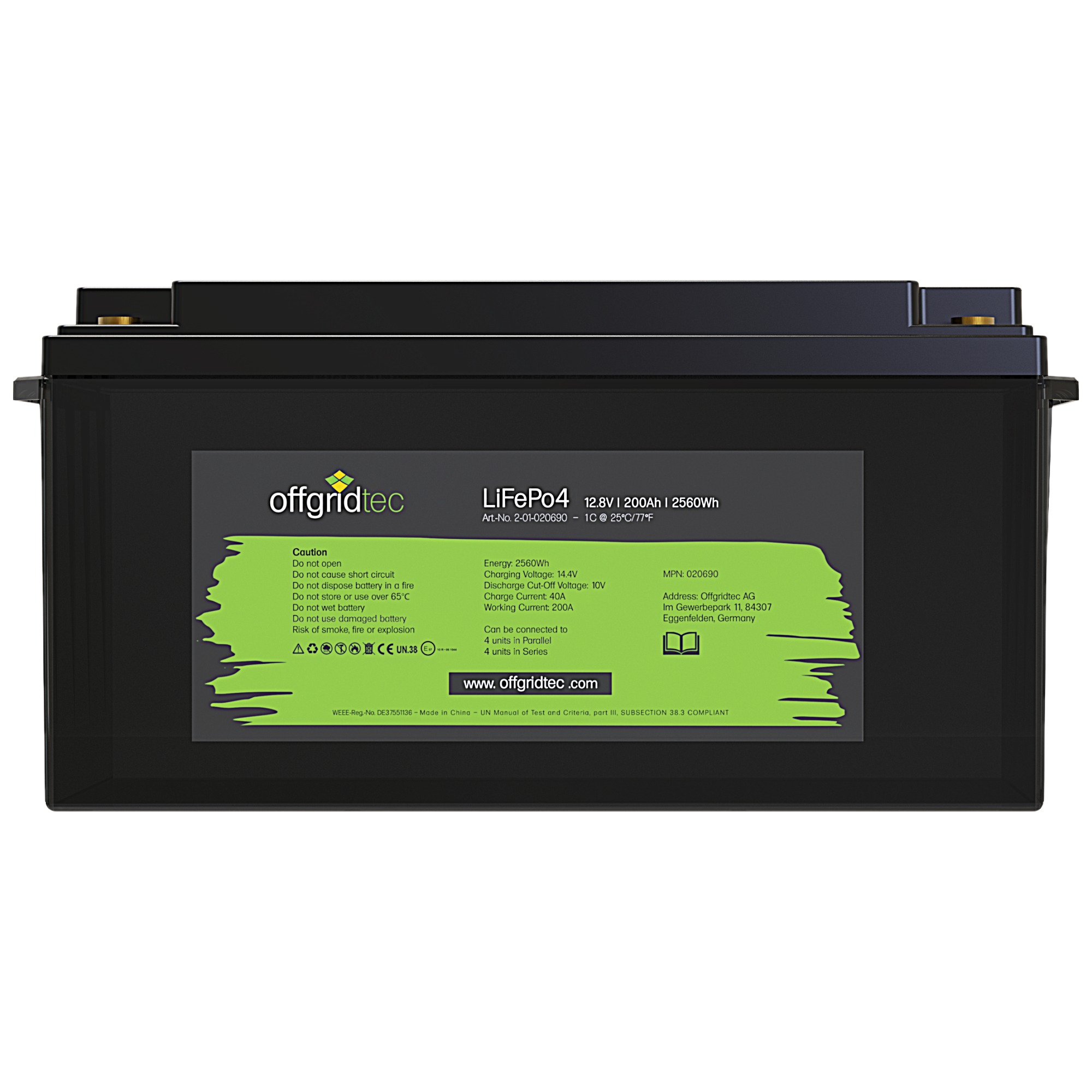 schwarze Offgridtec LiFePO4 Batterie 12V 200Ah Frontalansicht Etikett