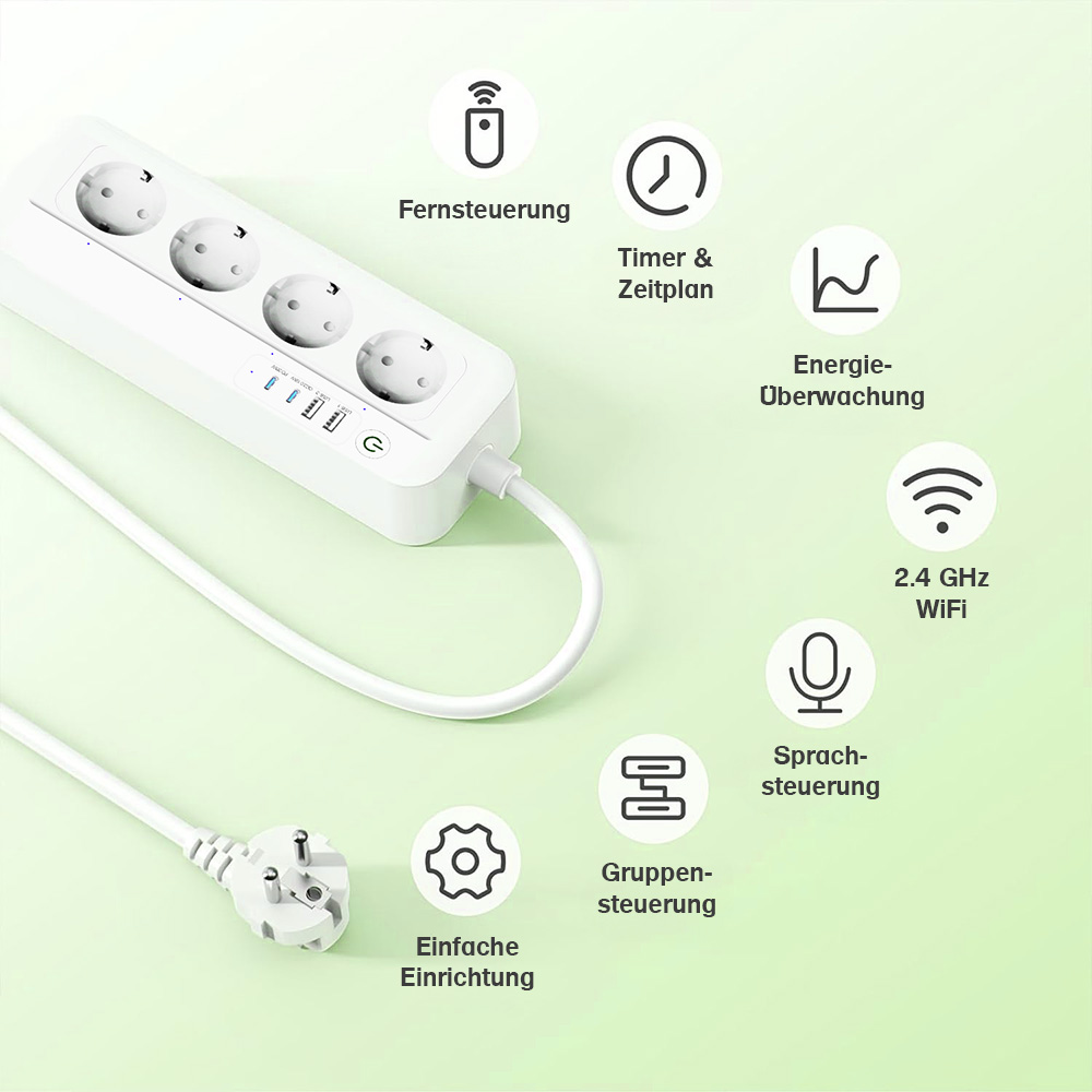 Offgridtec smart 4-way socket strip + 2x USB-A and 2x USB-C connection with Smart Life or Tuya app - 1.5m cable