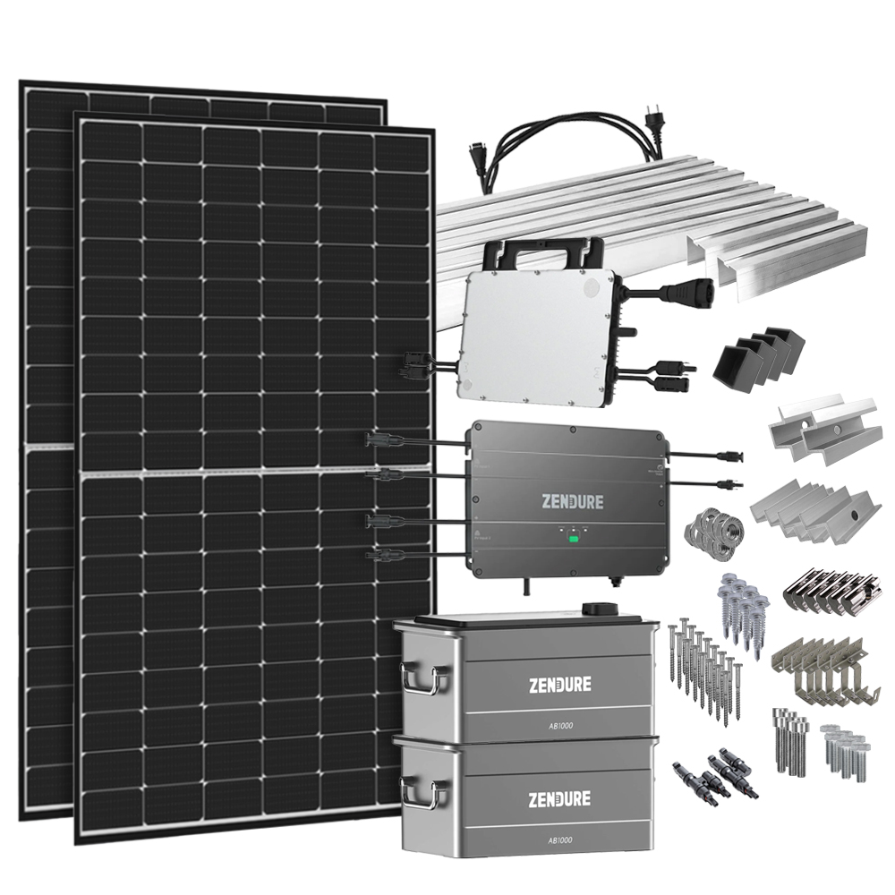 Offgridtec® SolarFlow 1,92 kWh Speicher 880W HMS-800W-2T Balkonkraftwerk mit Schuko-Anschluss - 5m Anschlusskabel - Montageset Ziegeldach