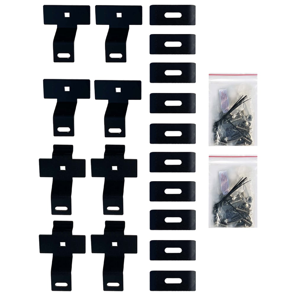 Einzelteile des Wattstone ZaunPV Montagepakets mit Schienen, Platten und Schrauben