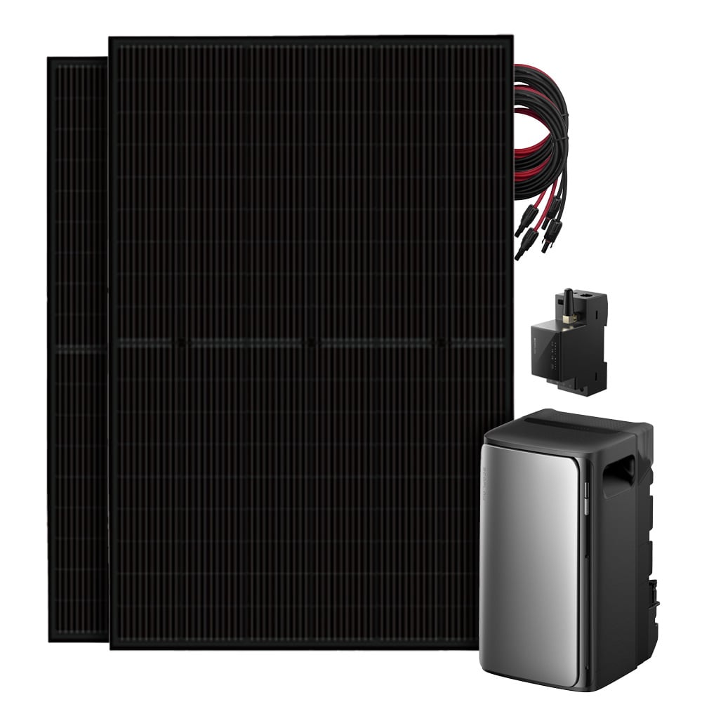 Setansicht: 2 Full-Black Solarmodule mit EcoFlow Stream Pro All-in-One Speichersystem, Smart Meter und 2 MC4-Kabeln