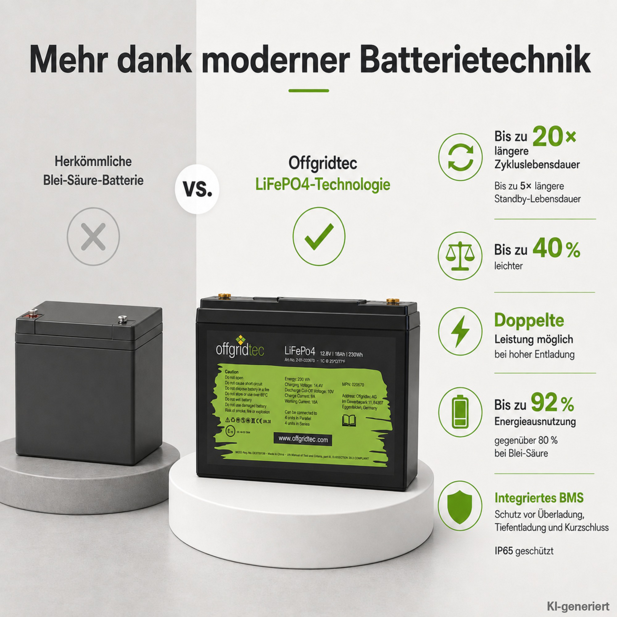 schwarze Offgridtec LiFePO4 Batterie 12V 18Ah Vergleich mit Blei-Säure Akku