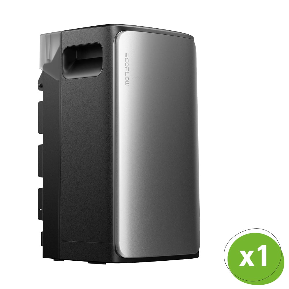 Schrägansicht: EcoFlow Stream AC-Pro Speicher, silber-grau, unten rechts ist ein grüner Kreis mit x1