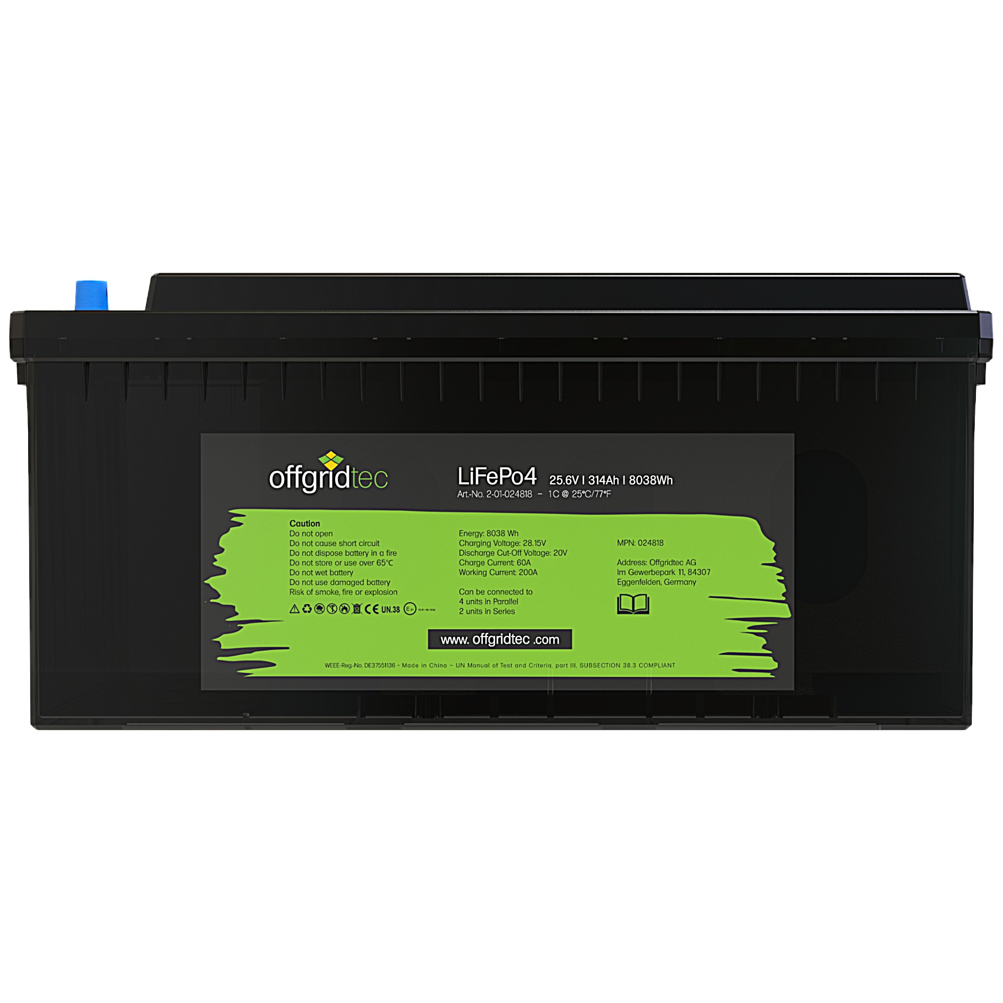 schwarze Offgridtec LiFePO4 Batterie 24V 314Ah Frontalansicht Etikett