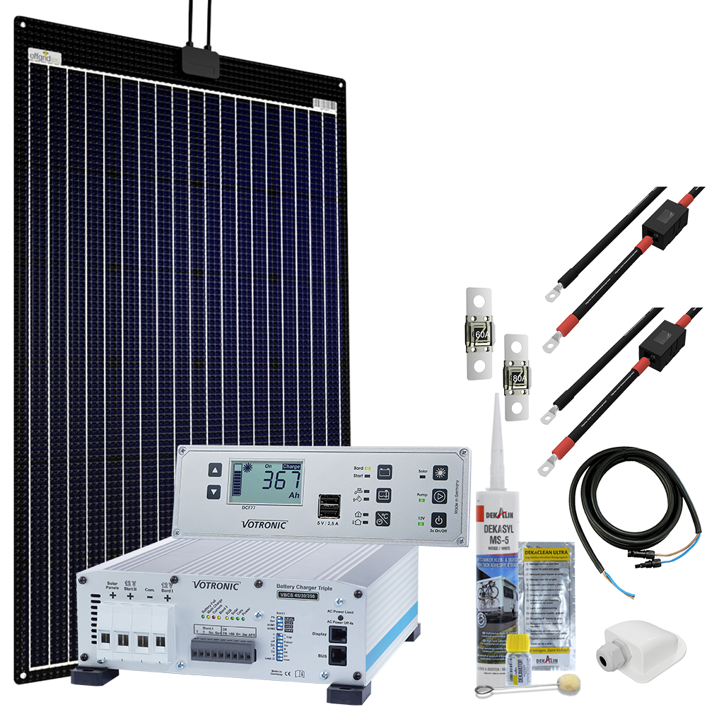 Offgridtec mTriple Flex l RV Solaranlage with 1 x 160w 45/30/350 vbcs Triple Charger and 5748 vpc Jupiter combo panel