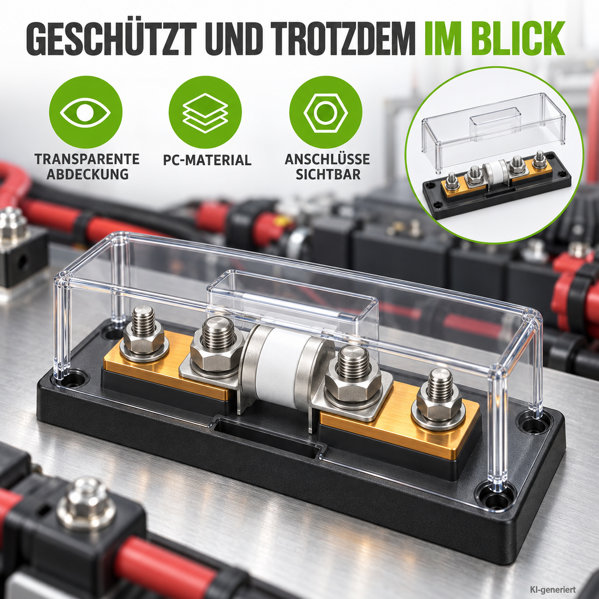 Class-T Sicherungshalter bis 200A auf grauer Oberfläche mit Abdeckung darauf