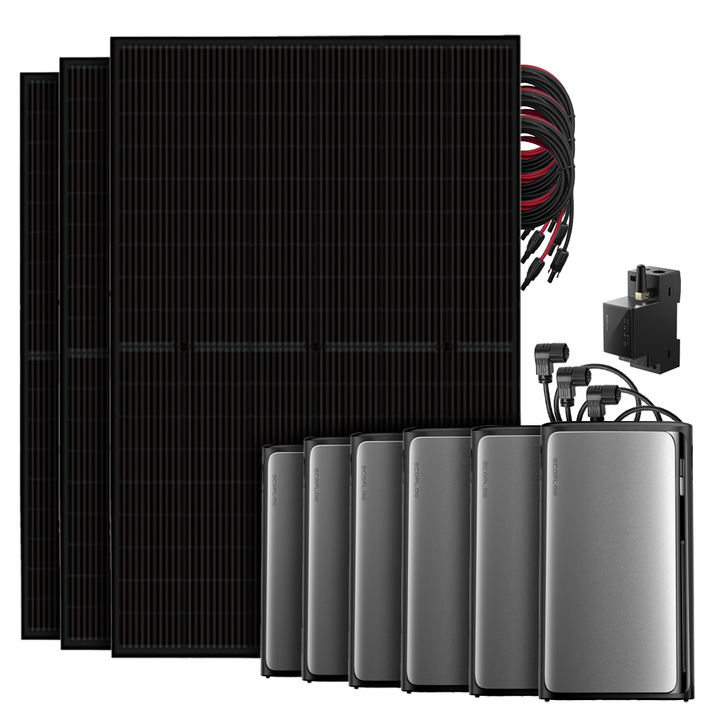 Setansicht: 3 Solarmodule, EcoFlow Stream Pro All-in-1 System, 5 AC Pro Batterien, Smart Meter und Kabel
