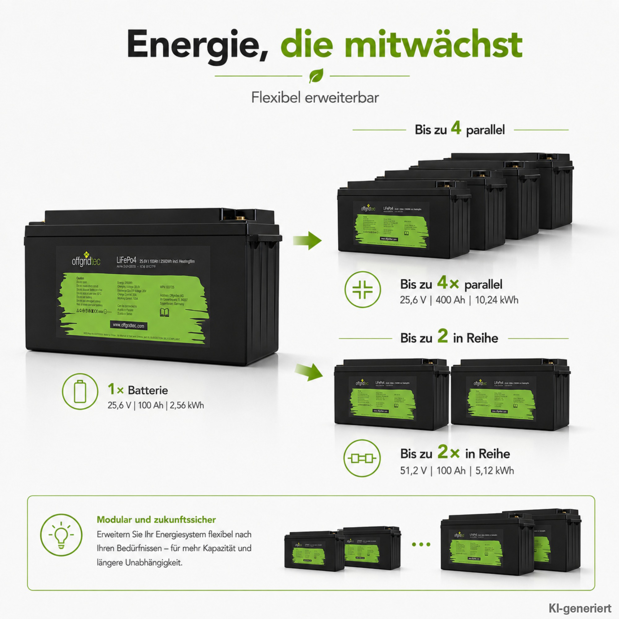 schwarze Offgridtec LiFePO4 Batterie mit Heizmatte 24V 100Ah Erweiterungsmöglichkeit parallel und in Reihe