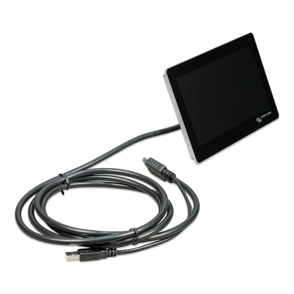 Schrägansicht: inaktives GX Touch 70 Flush Display mit aktivem Bildschirm und angestecktem Kombikabel mit HDMI und USB-Stecker