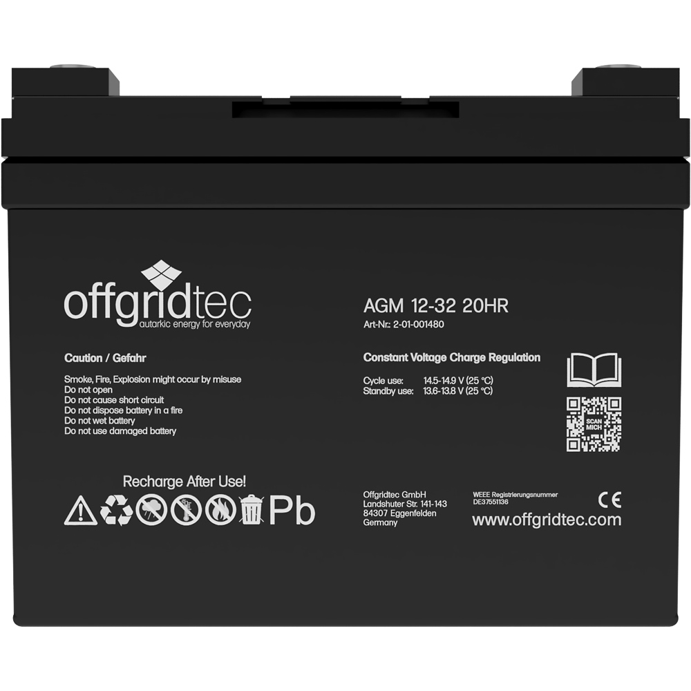 Batterie in schwarz, Ansicht von vorn, sichtbare Aufschrift und Ansteckpole