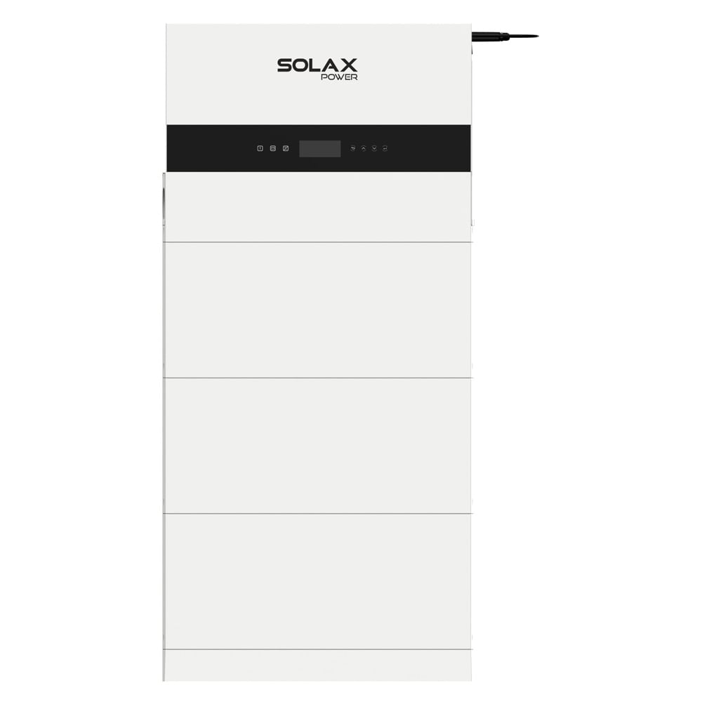 Frontansicht des weißen Solax X1-IES Speichersystems mit Wechselrichter, 3 Batterien und BMS Frontansicht des weißen Solax X3-IES Speichersystems mit Wechselrichter, 3 Batterien und BMS
