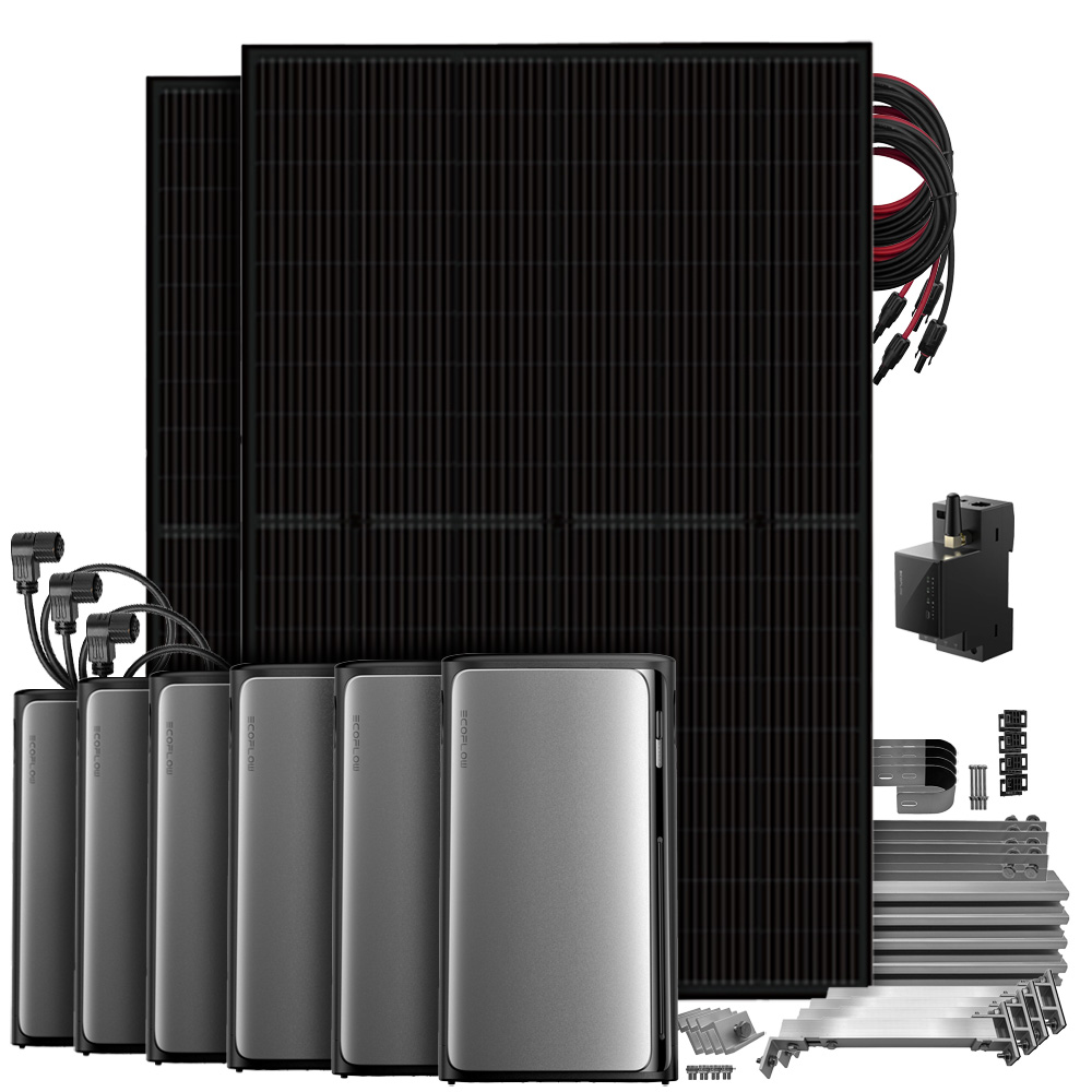 Setansicht: 2 Solarmodule, EcoFlow Stream Pro All-in-1 System, 5 AC Pro Batterien, Smart Meter, Kabel & Balkon-Montageset