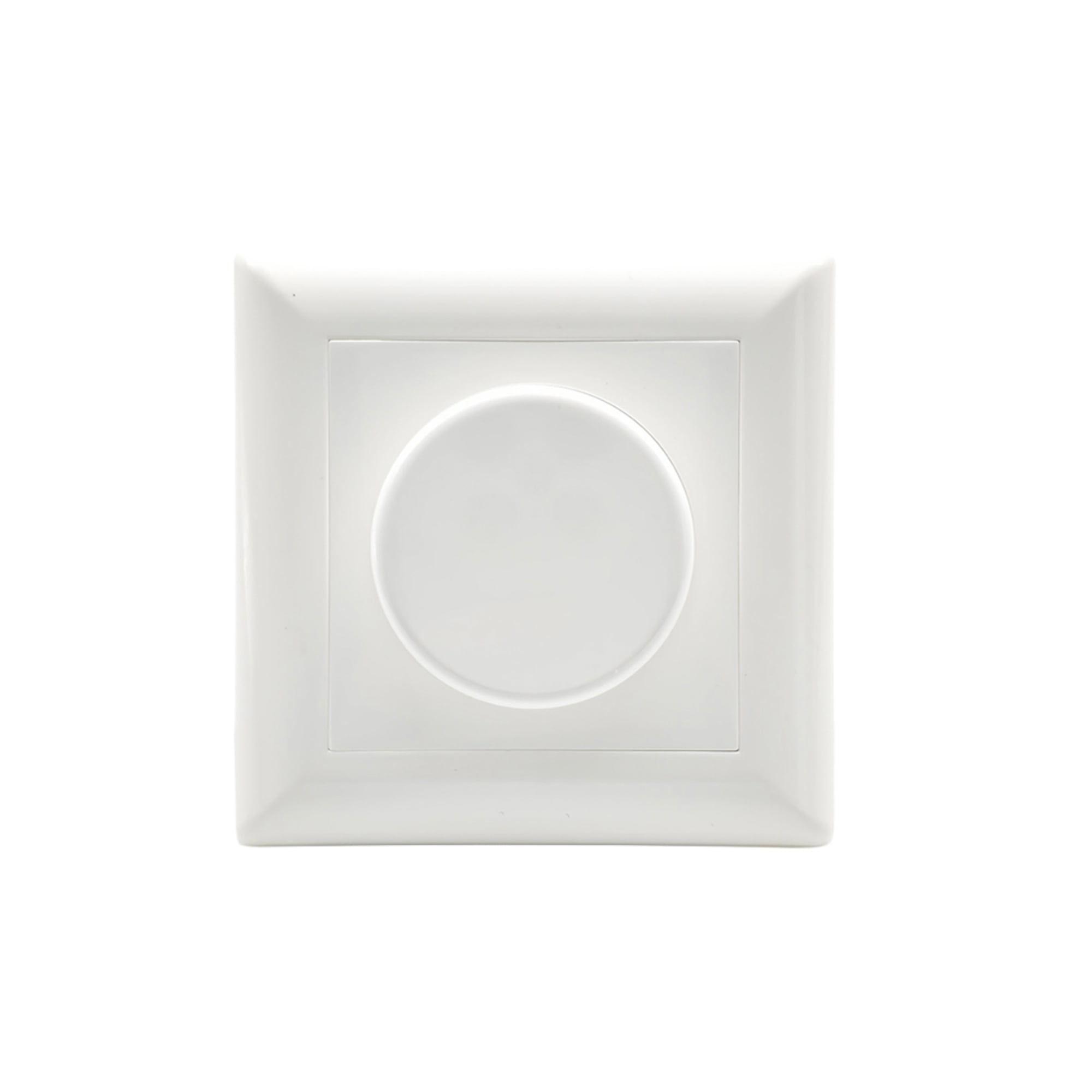 weißer runder Drehdimmer mit quadratischem weißen Rahmen freigestellt
