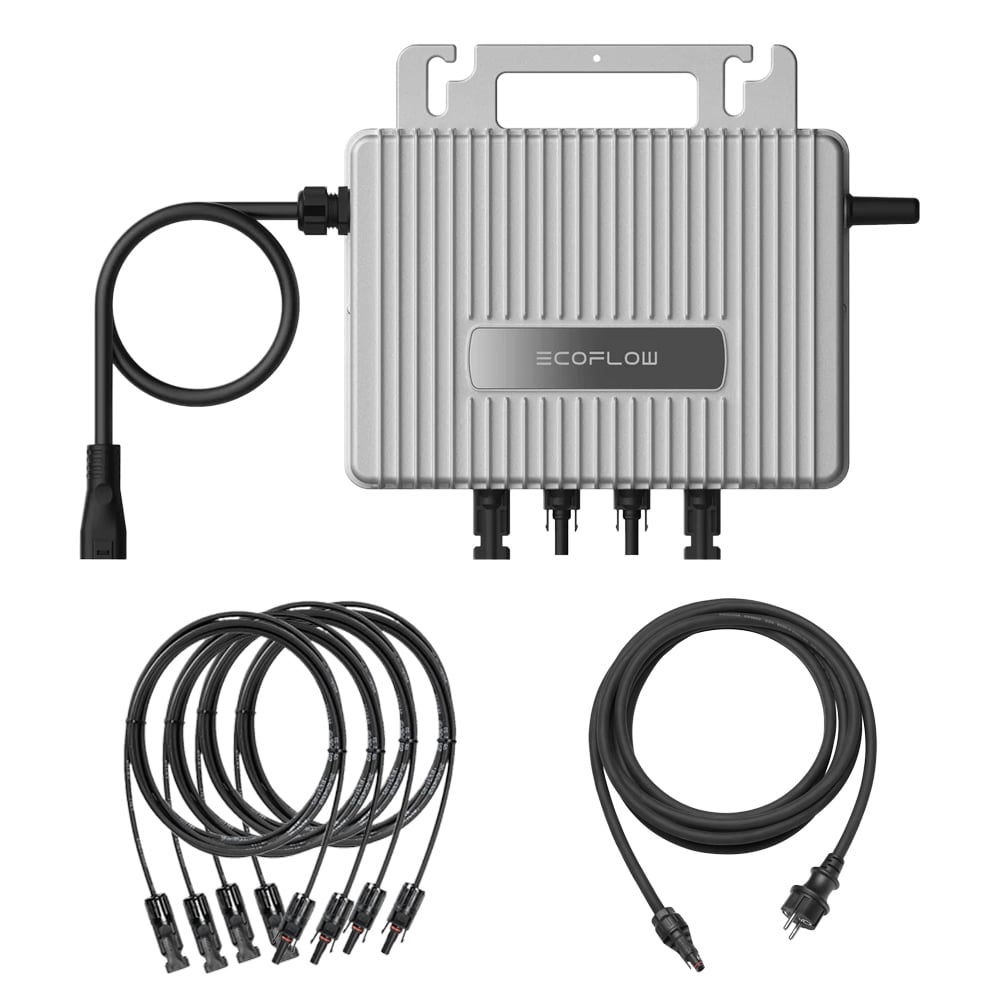 Setansicht: EcoFlow STREAM 800W Mikrowechselrichter, darunter 4x gewickelte PV-Kabel und 1x gewickeltes AC-Kabel